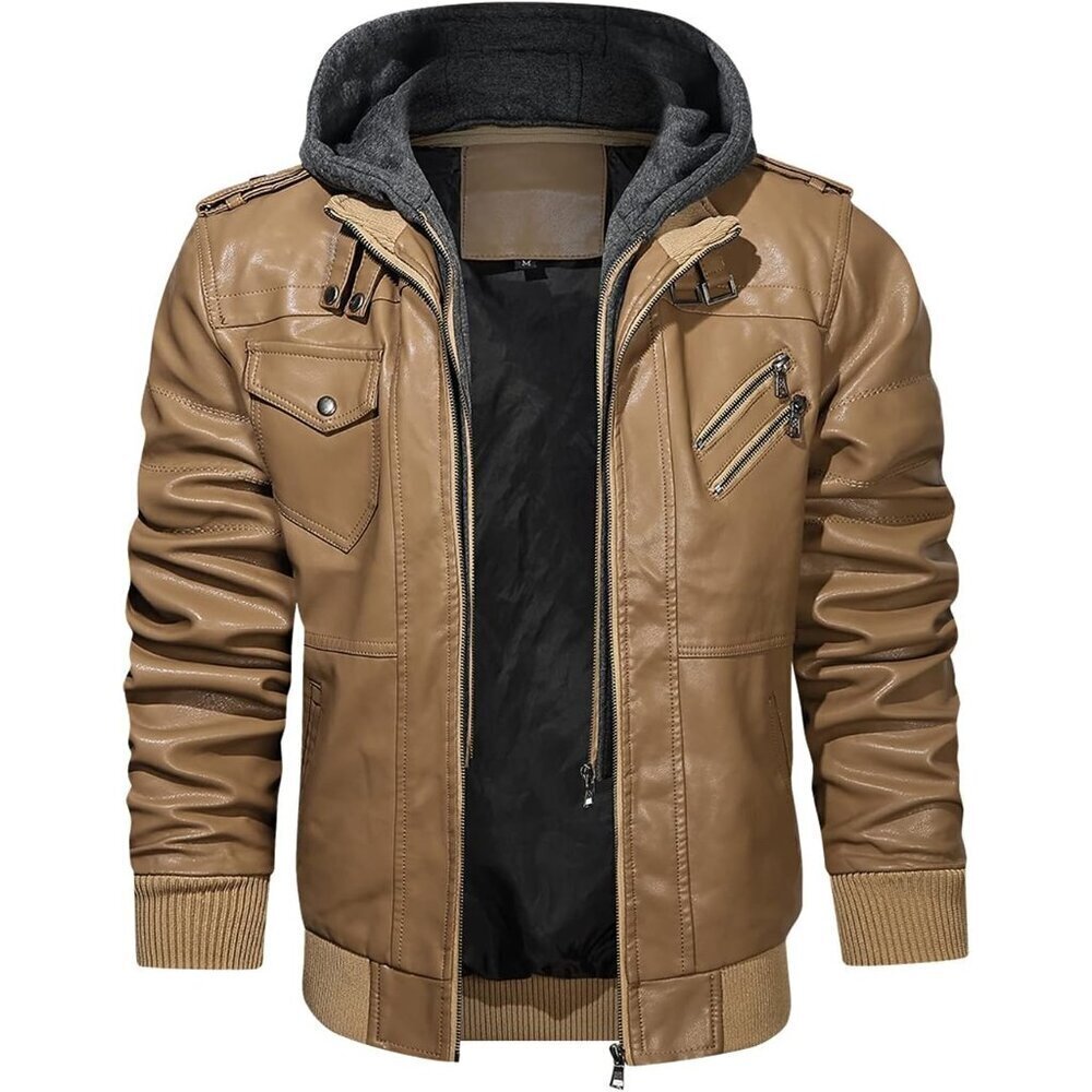 🆕 Hood Crew PU Faux Leather Zipper Jacket Men Brown Stand Collar Bomber Hood - Picture 5 of 6